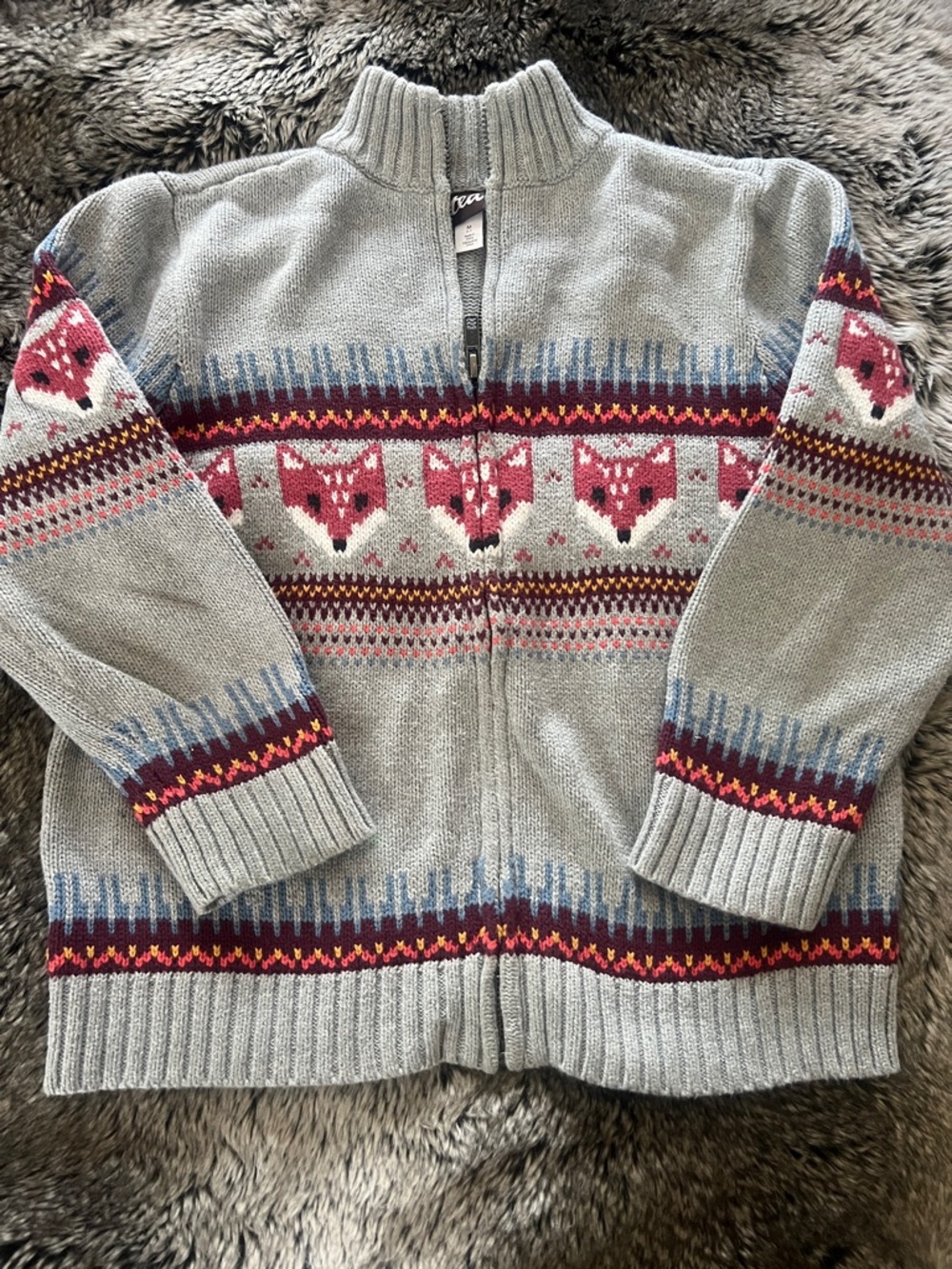 TEA Gray Zip-Up Fox Pattern Knit Cardigan, M